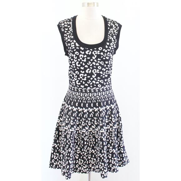 Rebecca Taylor Black White Structured Knit A Line Flared Leopard Print Dress M - Picture 1 of 7